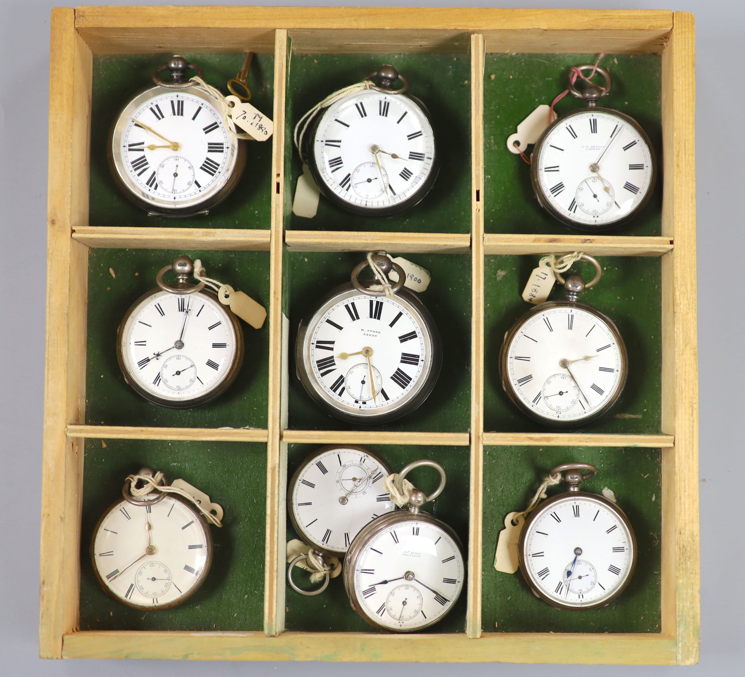 Ten assorted Victorian silver keyless pocket watches.
